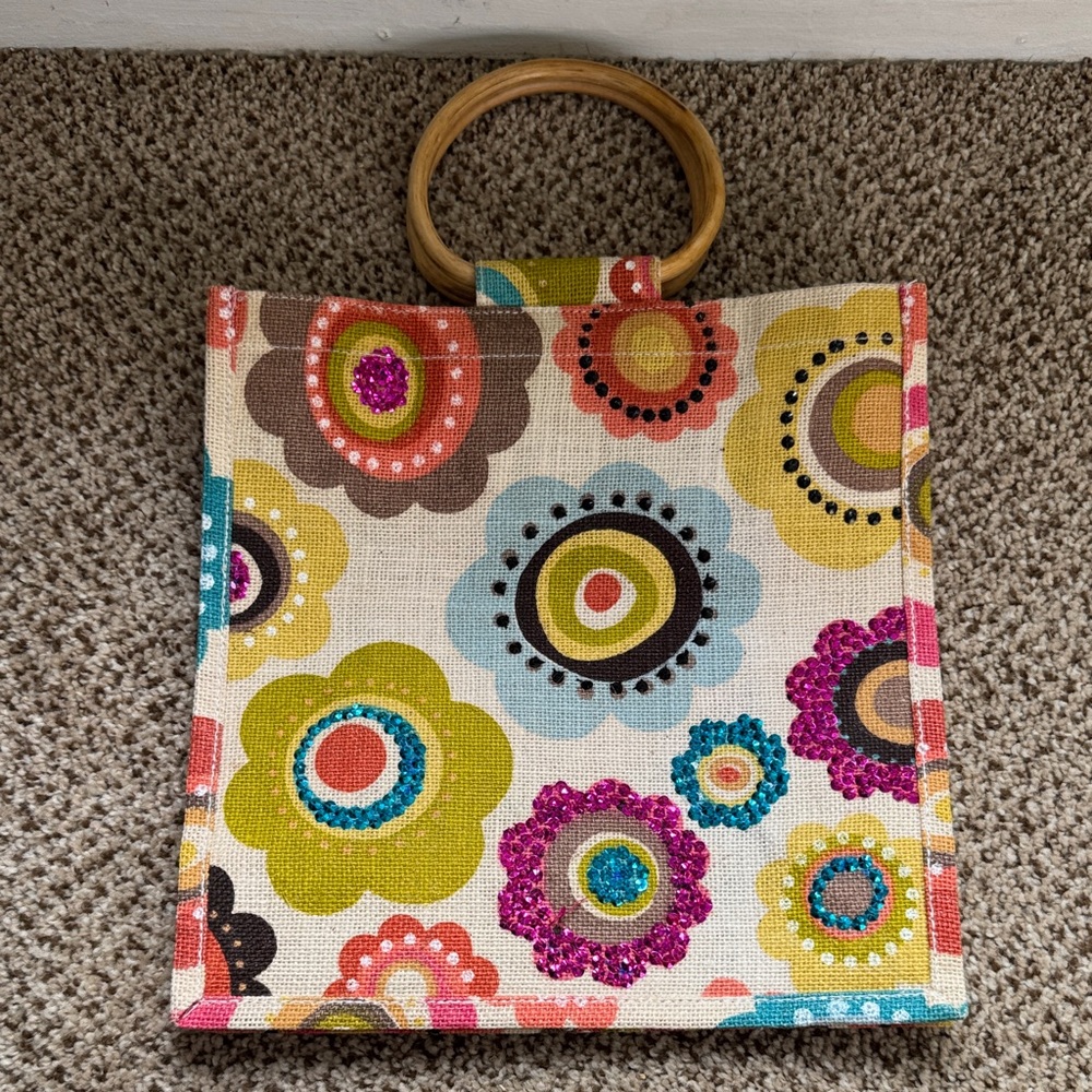Floral Multi-Color Canvas Tote with Wooden Handles